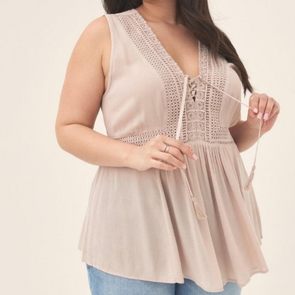 torrid Tops - Torrid 3X Lace Up Sleeveless Tan Peasant Mushroom Babydoll Women's Top